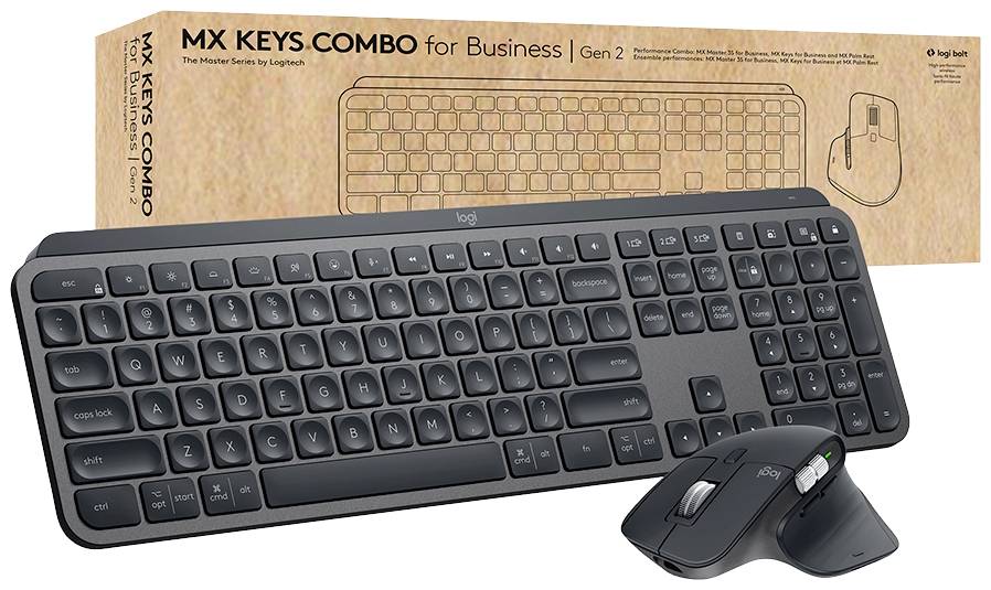 Logitech MX Keys Combo for Business - Gen 2 Bluetooth®, Funk Tastatur, Maus-Set Beleuchtet, Handballenauflage, Wiederauf