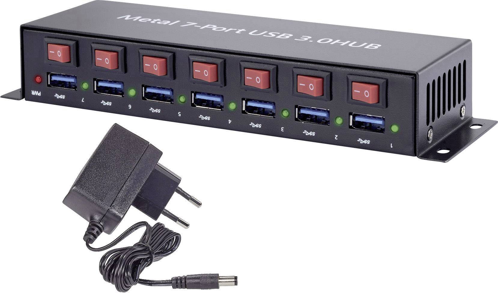 Renkforce RF-3269622 7 Port USB 3.2 Gen 1-Hub (USB 3.0) Metallgehäuse, einzeln schaltbar, zur Wandmontage Schwarz