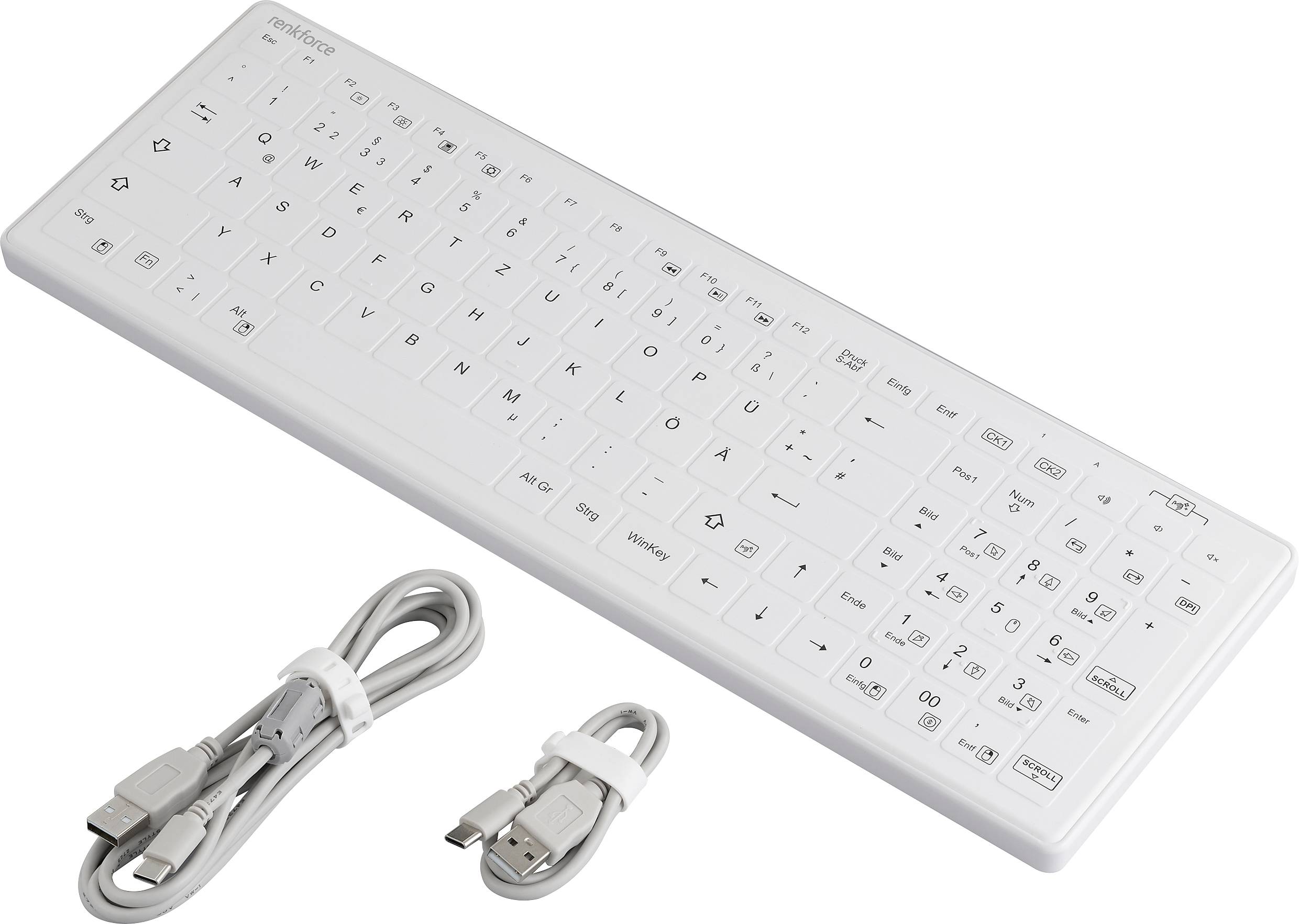 Renkforce RF-WPIK-500 USB Hygiene-Tastatur Deutsch, QWERTZ Weiß Silikonmembran, IP65, Maustasten, Abnehmbares Kabel, Ger