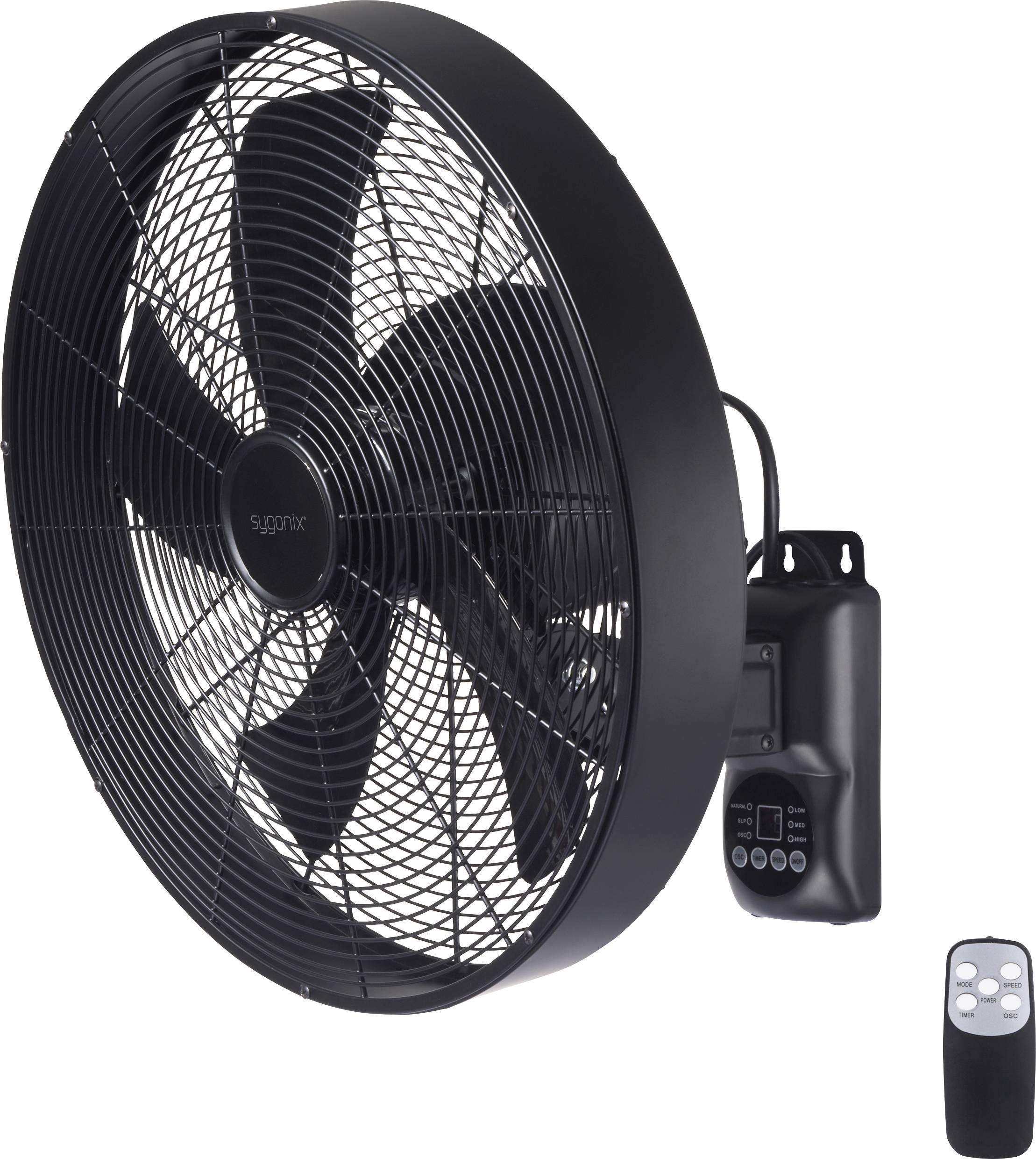 Sygonix Wandventilator 50 W (Ø x H) 45 cm x 45.5 cm Schwarz mit Fernbedienung, Oszillierend, Timer, Schwenkbar